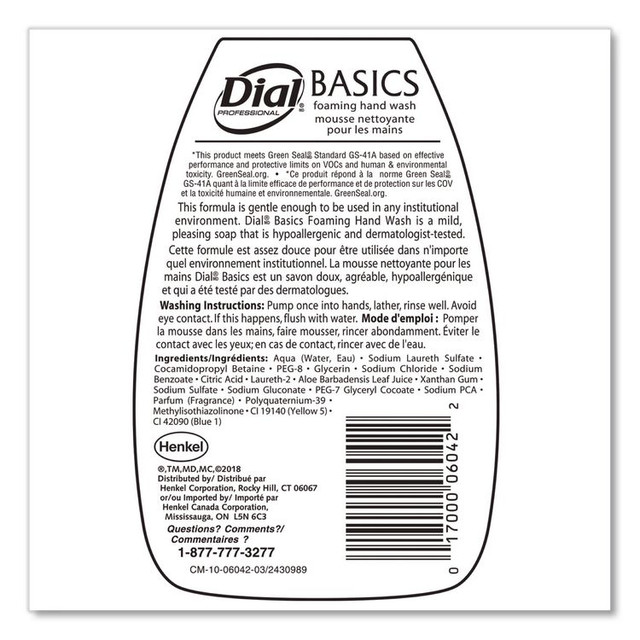 DIAL PROFESSIONAL 06042 Basics Hypoallergenic Foaming Hand Wash, Honeysuckle Scent, 7.5 oz