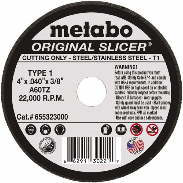 Metabo 655323000 Cutoff Wheel: Type 1, 4" Dia, 0.04" Thick, 3/8" Hole, Aluminum Oxide