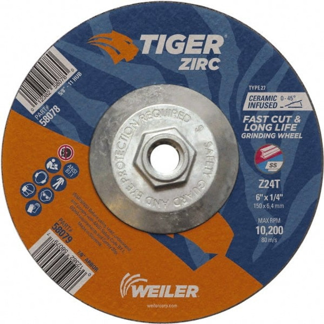 Weiler 58078 Depressed Center Wheel: Type 27, 6" Dia, 1/4" Thick, Zirconia Alumina