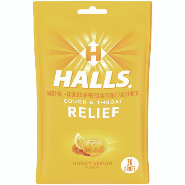 MONDELEZ INTERNATIONAL HALLS 28694 Triple Action Cough Drops, Honey-Lemon, 30/Bag, 12 Bags/Box