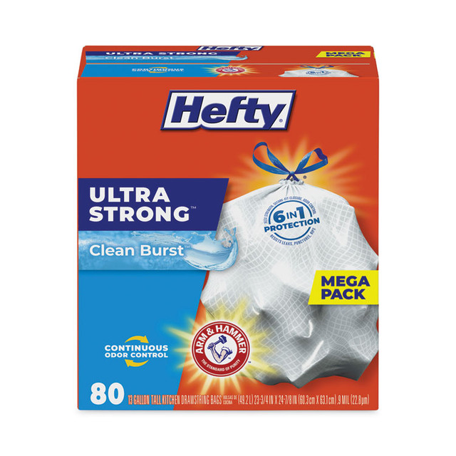 REYNOLDS FOOD PACKAGING Hefty® E88356 Extra Heavy-Duty Ultra Strong Scented Tall Kitchen Bags, Drawstring, 13 gal, Clean Burst, 23.75" x 24.88", White, 80/Box