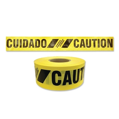 Presco Reinforced Barricade Tape, 3 in x 500 ft, Caution/Cuidado, Yellow