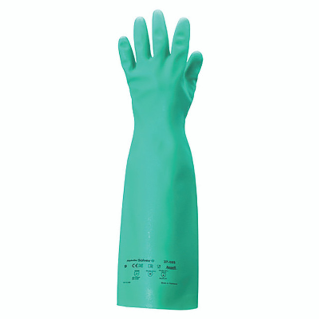 Ansell AlphaTec® Solvex® 37-185 Nitrile Gloves, Gauntlet Cuff, Unlined, Size 8, Green, 22 mil