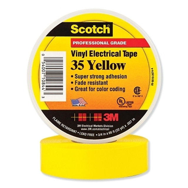 3M™ Scotch® Vinyl Electrical Color Coding Tape, 35, 3/4 in W x 66 ft L, Yellow