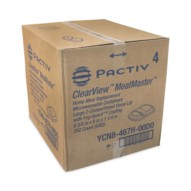 PACTIV EVERGREEN CORPORATION YCN8467H00D0 ClearView MealMaster Lid with Fog Gard Coating, Large 2-Compartment Dome Lid, 9.38 x 8 x 1.25, Clear, Plastic, 252/Carton