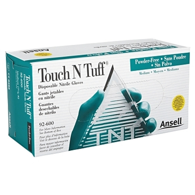 Ansell TouchNTuff® 105078 92-600 Nitrile Powder-Free Disposable Gloves, Smooth, 4.9 mil Palm/5.5 mil Fingers, Medium, Green