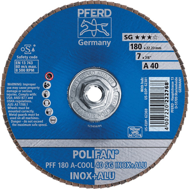 PFERD 62381 Flap Disc: 5/8-11 Hole, 40 Grit, Aluminum Oxide, Type 27