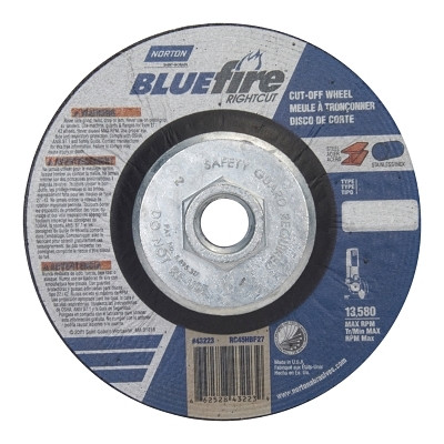 Saint-Gobain Norton Bluefire Type 27 RightCut Cutoff Wheel, 4-1/2 in dia, 1/16 in Thick,  5/8 in -11 Arbor, 36 Grit