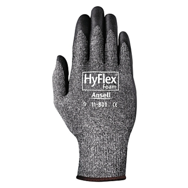 Ansell HyFlex® 103382 11-801 Nitrile Foam Palm Coated Gloves, Size 7, Black/Dark Gray