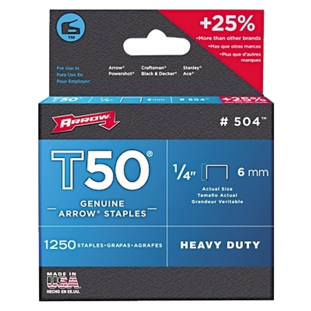 Arrow Fastener T50® Type Staple, #504™, 1/4 in L x 3/8 in W, 1,250/PK