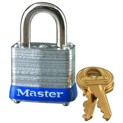 Master Lock® No. 7 Laminated Steel Padlock, 3/16 in dia, 1/2 in W x 9/16 in H Shackle, Silver/Blue, Keyed Different
