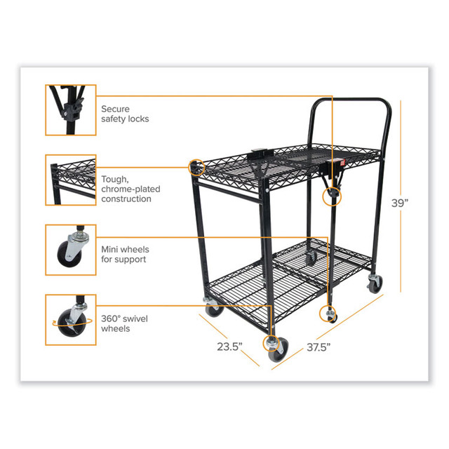 STANLEY BOSTITCH BSACLGBLK Stowaway Folding Carts, Metal, Large Cart, 2 Shelves, 500 lb Capacity, 35" x 37.25" x 22", Black