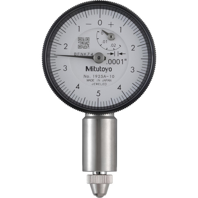 Mitutoyo 1925A-10 Dial Test Indicators; Minimum Measurement (Decimal Inch): 0 ; Maximum Measurement (Decimal Inch): 0.025 ; Accuracy (Decimal Inch): +/-.0002 ; Indicator Style: Vertical ; Bearing Type: Jeweled ; Dial Graduation (Decimal Inch): 0.0001