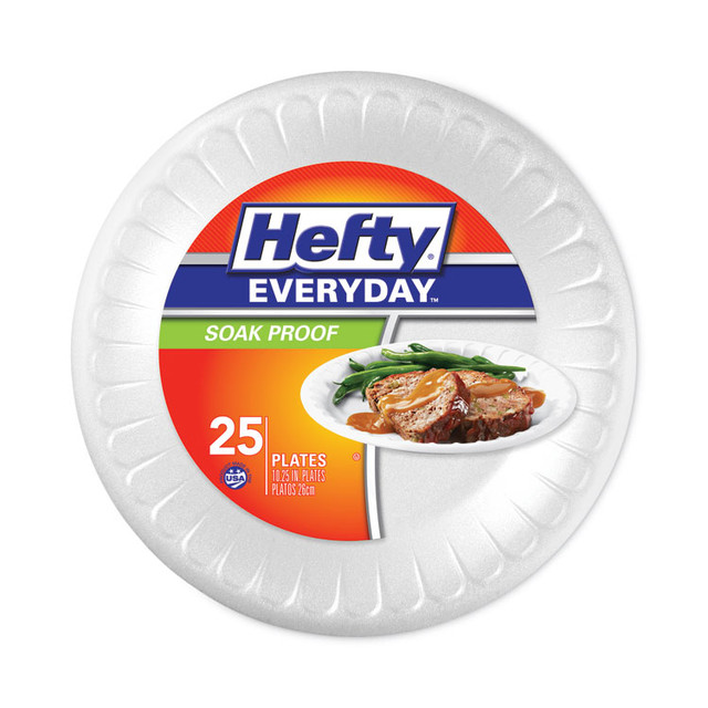 REYNOLDS FOOD PACKAGING Hefty® D21029CT Soak Proof Tableware, Plate, Foam, 10.25" dia, White, 25/Pack, 10 Packs/Carton