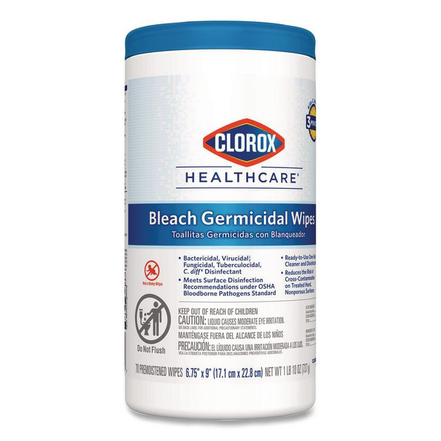 CLOROX SALES CO. Healthcare® 35309CT Bleach Germicidal Wipes, 1-Ply, 6.75 x 9, Unscented, White, 70/Canister, 6 Canisters/Carton