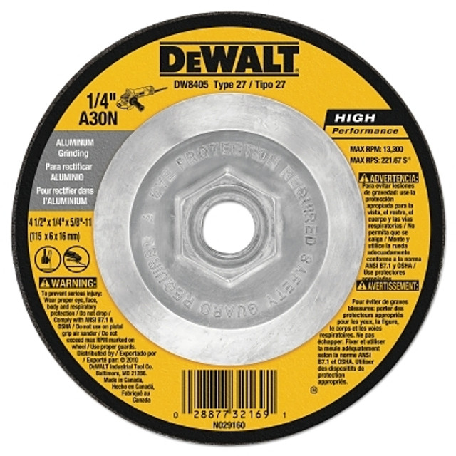 DeWalt® HP T27 Aluminum Grinding Wheel, 4-1/2 in dia, 5/8 in-11 in Arbor, 13,300 RPM