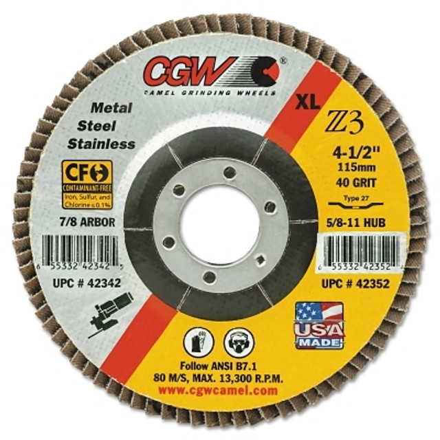 CGW Abrasives 42362 Premium Z3 XL T29 Flap Disc, 4-1/2 in, 40 Grit, 7/8 Arbor, 13,300 RPM