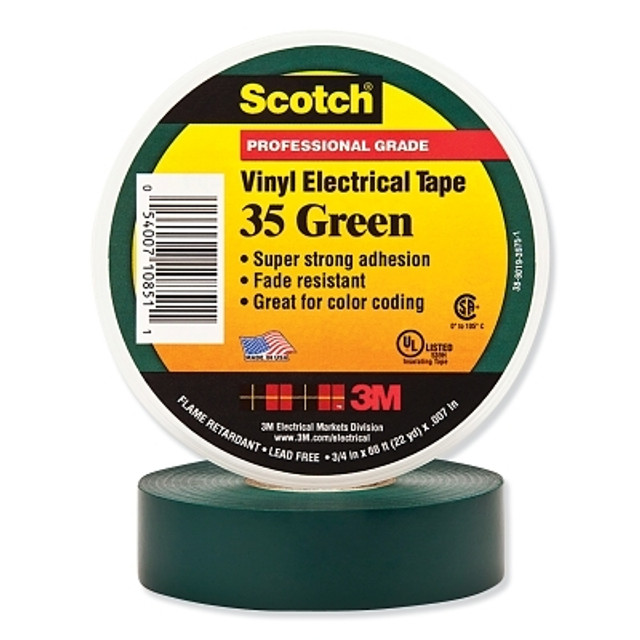 3M™ Scotch® Vinyl Electrical Color Coding Tape, 35, 3/4 in W x 66 ft L, Green 3M™ Scotch® Vinyl Electrical Color Coding Tape, 35, 3/4 in W x 66 ft L, Green