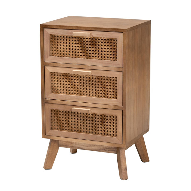 WHOLESALE INTERIORS, INC. 2721-12259 Baxton Studio Baden Nightstand With Rattan, 3-Drawer, 26inH x 15-3/4inW x 11-13/16inD, Natural/Walnut Brown