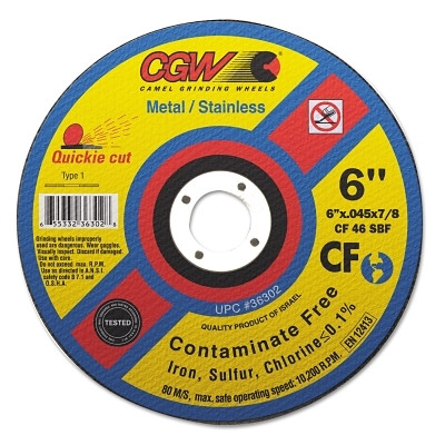 CGW Abrasives Contaminate Free Cut-Off Wheel, 6 in Dia, .045 in Thick, 36 Grit Alum. Oxide