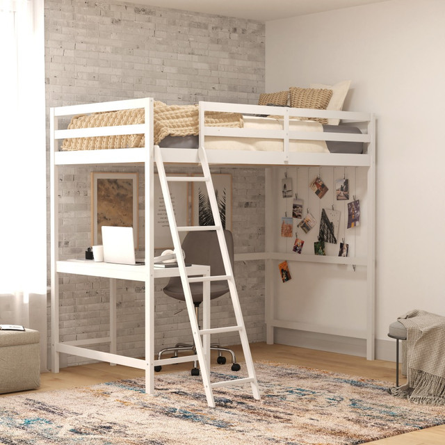 FLASH FURNITURE MHLBD5WHT  Riley Loft Bed Frame With Desk, Twin, 42-1/2inL x 78-3/4inW x 42-1/2inD, White