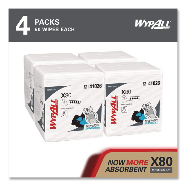 KIMBERLY-CLARK PROFESSIONAL WypAll® 41026 Power Clean X80 Heavy Duty Cloths, 1/4 Fold, 12.5 x 12, White, 50/Box, 4 Boxes/Carton