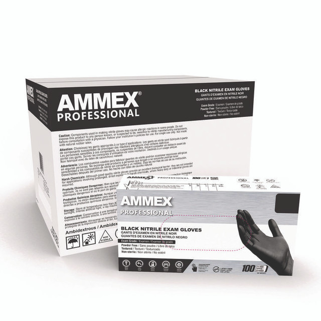 AMMEX CORPORATION Professional ABNPF48100CT Nitrile Exam Gloves, Powder-Free, 3 mil, X-Large, Black, 100/Box, 10 Boxes/Carton