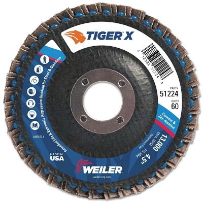Weiler® Tiger® X Flap Disc, 4-1/2 in dia, 60 Grit, 7/8 in Arbor, 13000 rpm, Type 27