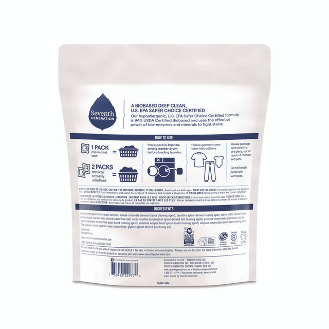 SEVENTH GENERATION 22977 Natural Laundry Detergent Packs, Powder, Unscented, 45 Packets/Pack