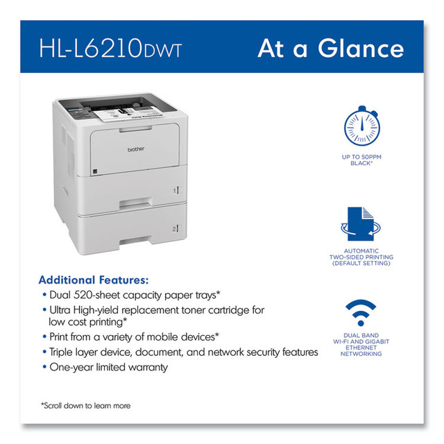 BROTHER INTL. CORP. HLL6210DWT HL-L6210DWT Business Monochrome Laser Printer with Dual Paper Trays