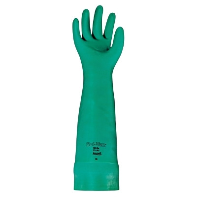 Ansell AlphaTec® Solvex® 37-185 Nitrile Gloves, Gauntlet Cuff, Unlined, Size 10, Green, 22 mil