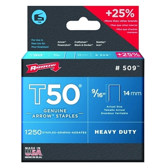 Arrow Fastener T50® Type Staple, #509™ 9/16 in L x 3/8 in W, 1,250/PK Arrow Fastener T50® Type Staple, #509™ 9/16 in L x 3/8 in W, 1,250/PK