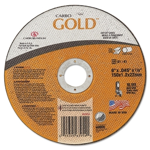Carborundum Carbo™ GoldCut™ Reinforced Aluminum Oxide Abrasive, 6 in dia, 0.045 in Thick, 7/8 in Arbor, 46 Grit Carborundum Carbo™ GoldCut™ Reinforced Aluminum Oxide Abrasive, 6 in dia, 0.045 in Thick, 7/8 in Arbor, 46 Grit