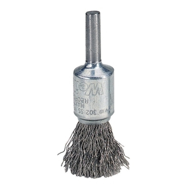 Weiler® Crimped Wire Solid End Brush, Stainless Steel, 1/2 in dia x 0.0104 in Wire, 25000 RPM Weiler® Crimped Wire Solid End Brush, Stainless Steel, 1/2 in dia x 0.0104 in Wire, 25000 RPM