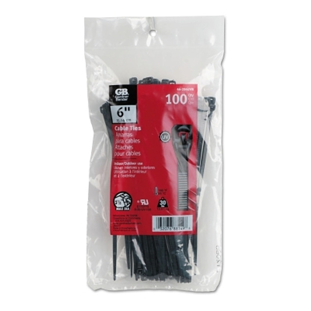 Gardner Bender Standard Cable Ties, 30 lb Tensile Strength, 6 in L, Black, 100 EA/BG Gardner Bender Standard Cable Ties, 30 lb Tensile Strength, 6 in L, Black, 100 EA/BG