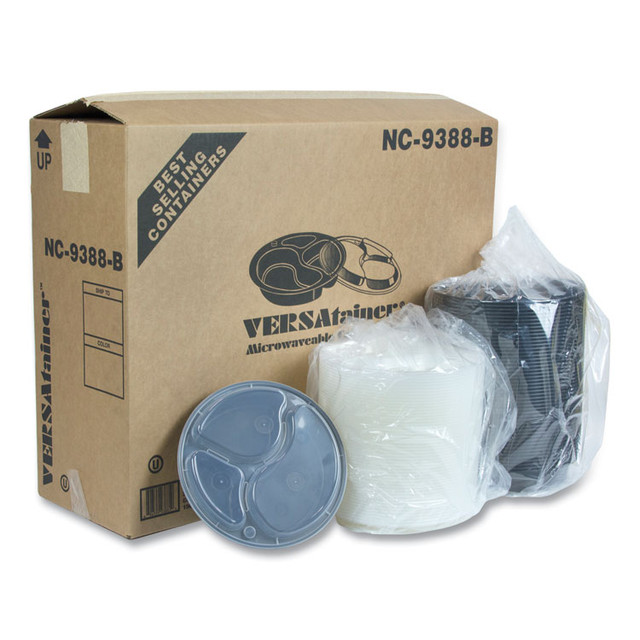 PACTIV EVERGREEN CORPORATION NC9388B Newspring VERSAtainer Microwavable Containers, Round, 3 Compartment, 39 oz, 9.5 x 9.5 x 2.3, Black/Clear, Plastic, 150/Carton
