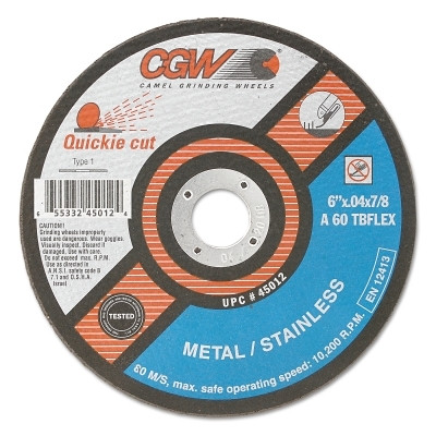CGW Abrasives Quickie Cut™ Type 1 Extra Thin Cut-Off Wheel, 6 in dia, 0.040 in Thick, 7/8 in Arbor, 60 Grit