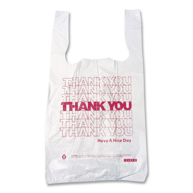 BROWN PAPER GOODS Barnes Company 8416THYOU Thank You High-Density Shopping Bags, Have a Nice Day Labeling, Cut-Out Handles, 8" x 4" x 16", White/Red, 2,000/Carton
