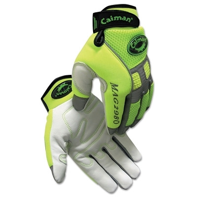 Caiman® 2980 Goat Grain Hi-Vis Reflective Back Knuckle Protection Mechanics Gloves, Neoprene, Large, Hi-Vis Lime Green