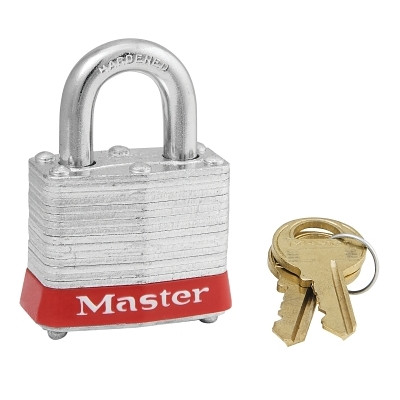 Master Lock® No. 3 Laminated Steel Padlock, 9/32 in dia, 5/8 in W x 3/4 in H Shackle, Silver/Red, Keyed Different, Varies
