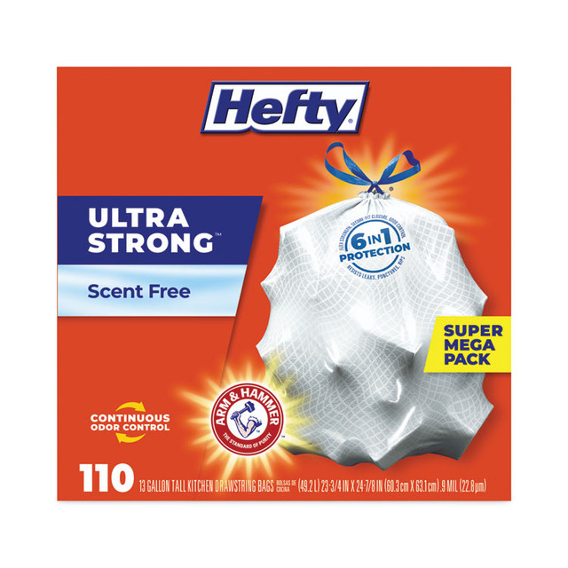 REYNOLDS FOOD PACKAGING Hefty® E88368 Ultra Strong Tall Kitchen Trash Bags, Drawstring, 13 gal, 23.75" x 24.88", White, 110/Box