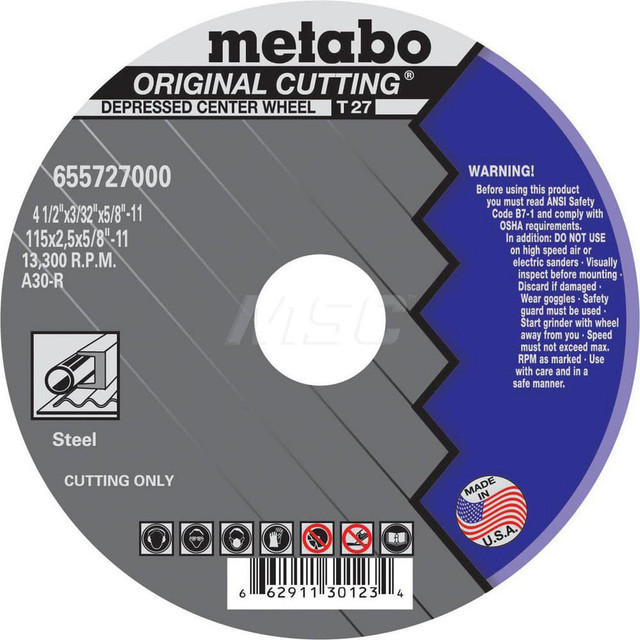 Metabo 655727000 Cutoff Wheel: Type 27, 4-1/2" Dia, 0.094" Thick, Aluminum Oxide