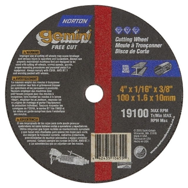 Saint-Gobain Norton Gemini Type 1 Reinforced Cut-Off Wheel, 4 in dia, 1/16 in Thick, 3/8 in Arbor, 36 Grit, Aluminum Oxide Saint-Gobain Norton Gemini Type 1 Reinforced Cut-Off Wheel, 4 in dia, 1/16 in Thick, 3/8 in Arbor, 36 Grit, Aluminum Oxide