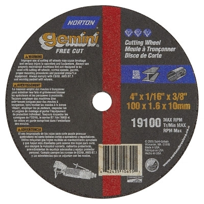 Saint-Gobain Norton Gemini Type 1 Reinforced Cut-Off Wheel, 4 in dia, 1/16 in Thick, 3/8 in Arbor, 36 Grit, Aluminum Oxide