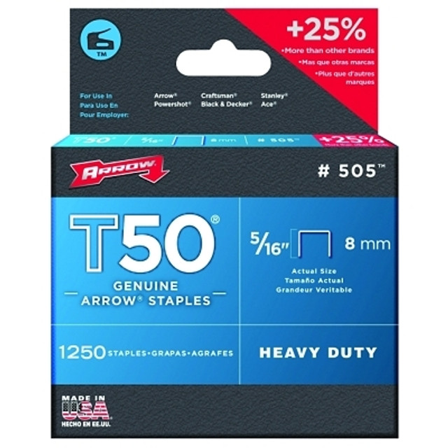 Arrow Fastener T50® Type Staple, #505™, 5/16 in L x 3/8 in W, 1,250/PK Arrow Fastener T50® Type Staple, #505™, 5/16 in L x 3/8 in W, 1,250/PK