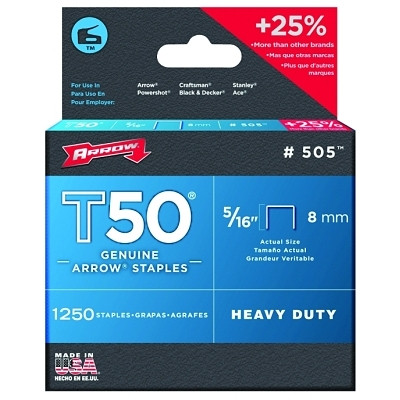 Arrow Fastener T50® Type Staple, #505™, 5/16 in L x 3/8 in W, 1,250/PK