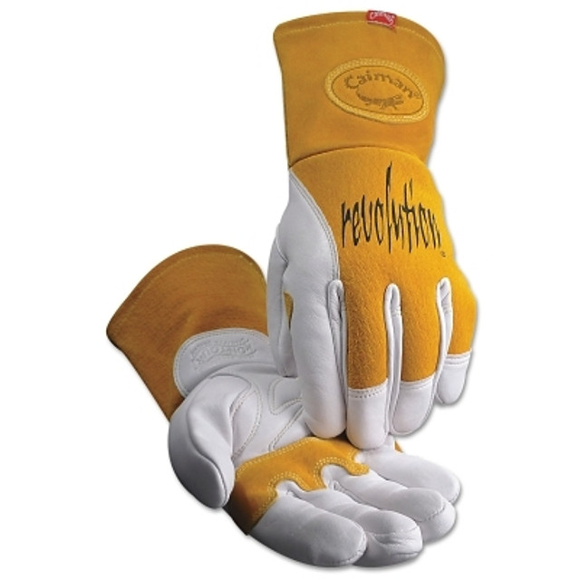 Caiman® 1810 revolution® Cow Grain Unlined Palm 2-Layer Insulated Back MIG/Stick Welding Gloves, Large, Gold/White, Gauntlet Cuff Caiman® 1810 revolution® Cow Grain Unlined Palm 2-Layer Insulated Back MIG/Stick Welding Gloves, Large, Gold/White, Gauntlet Cuff