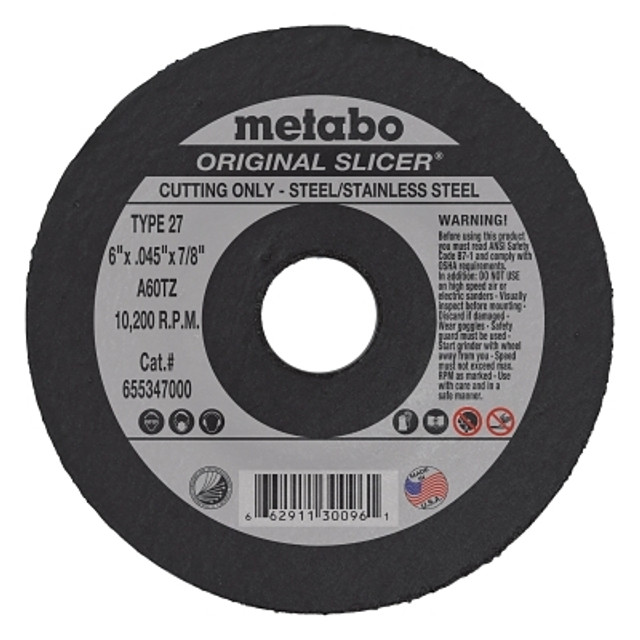 Metabo Original Slicer® Cutting Wheel, 6 in dia, 0.045 in Thick, 7/8 in Arbor, 60 Grit, AO Metabo Original Slicer® Cutting Wheel, 6 in dia, 0.045 in Thick, 7/8 in Arbor, 60 Grit, AO