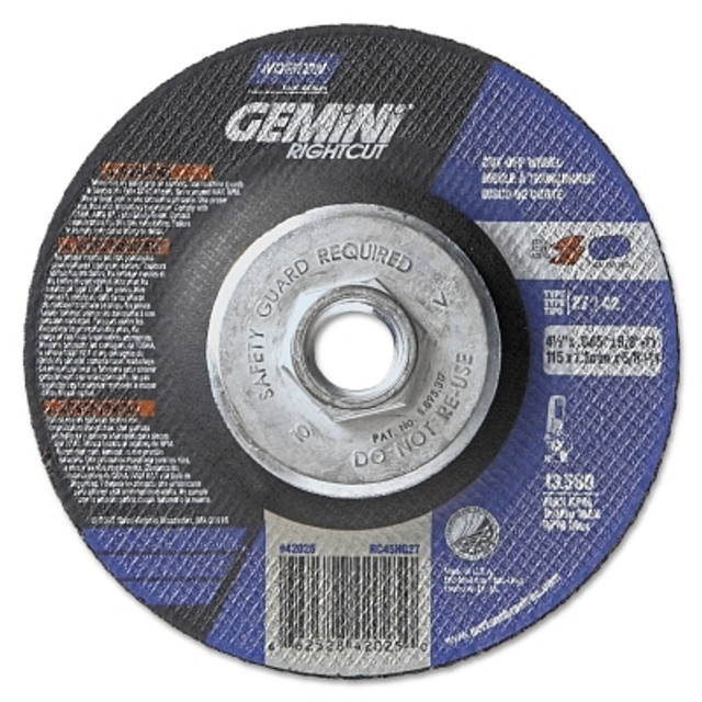 Saint-Gobain Norton 66252842025 Gemini® RightCut™ Right Angle Cut-Off Wheel, Type 27/42, 4-1/2 in dia x 0.045 in Thick x 5/8 in-11 Arbor, 1 EA/EA