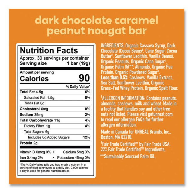 UNREAL BRANDS INC. 22002090 Dark Chocolate Caramel Peanut Nougat Bars, 0.67 oz Individually Wrapped, 40/Pack